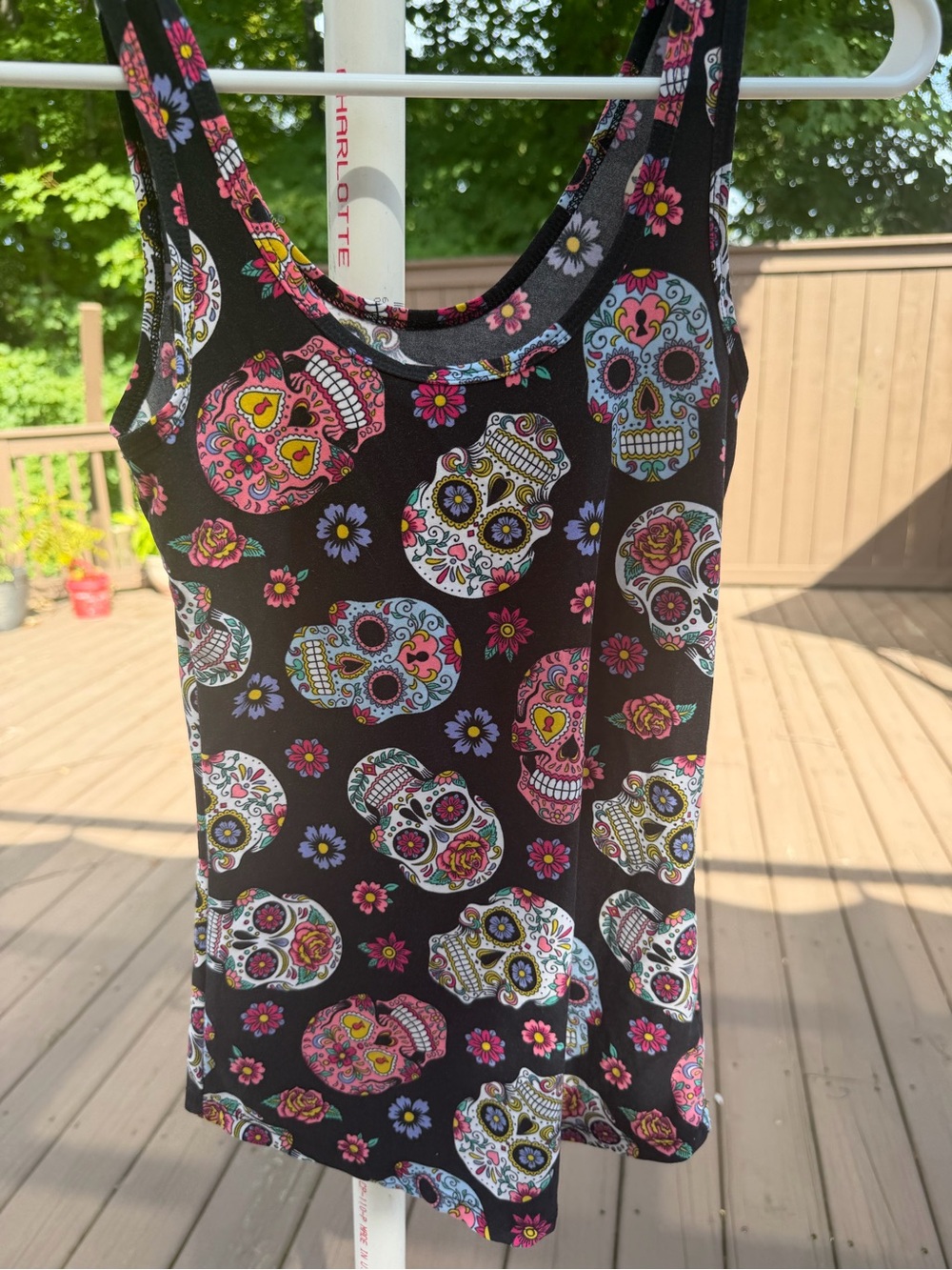 Black Floral Skull Tank Top with Pink Accents and inner top -2 items - Picture 2 of 8